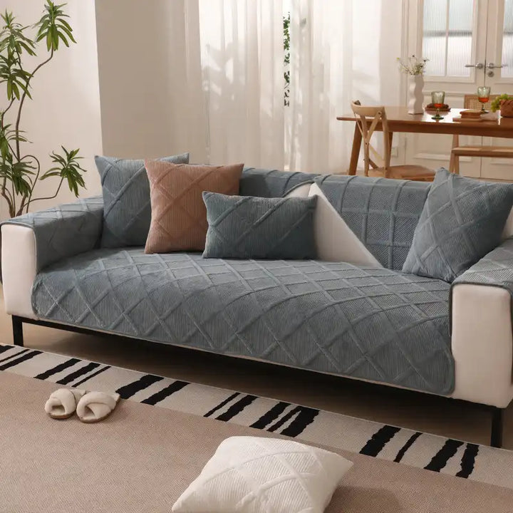 Pet friendly velvet plush sofa protector on a sectional couch, easy clean and comfortable