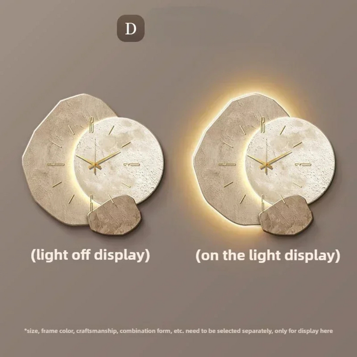 Stylish contemporary wall clock featuring integrated LED light for ambient room lighting.