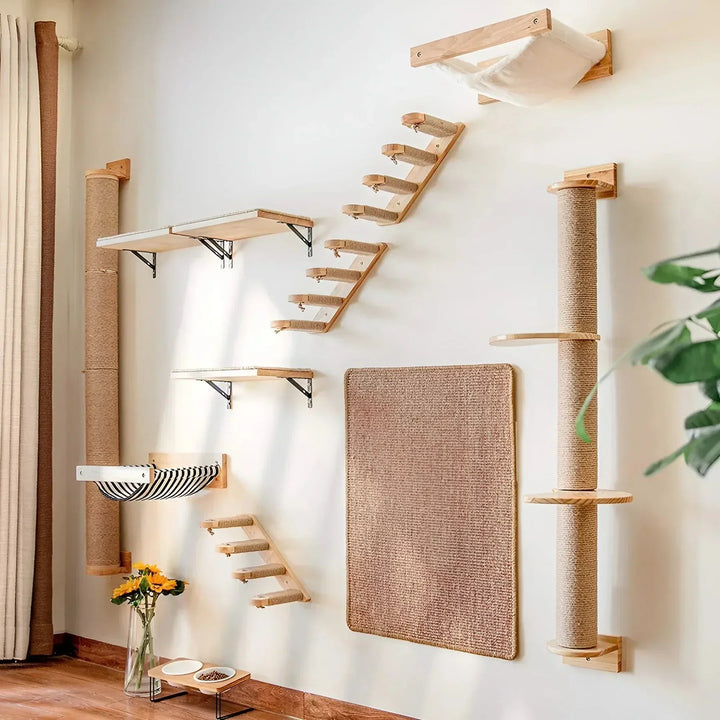 Modern wall-mounted cat activity set with multiple shelves, scratching posts, and platforms for climbing and play.