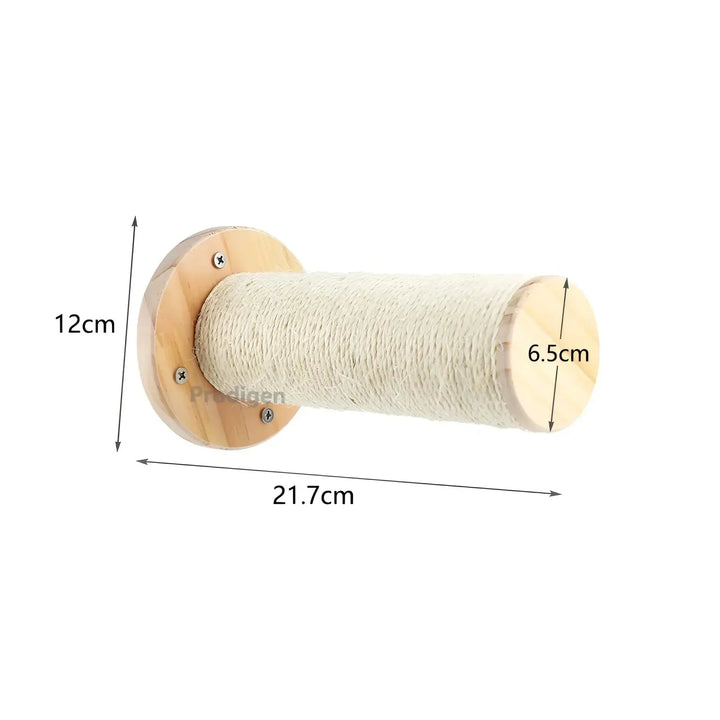 Innovative cat wall system including a sisal-wrapped scratching post and several textured climbing steps.