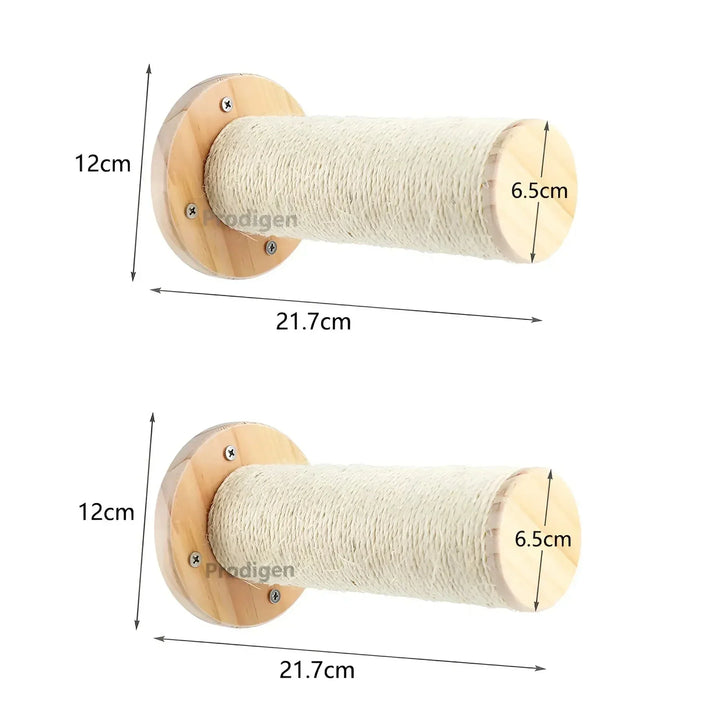 Functional cat wall system featuring sturdy shelves and an integrated vertical scratching post for engaging play.