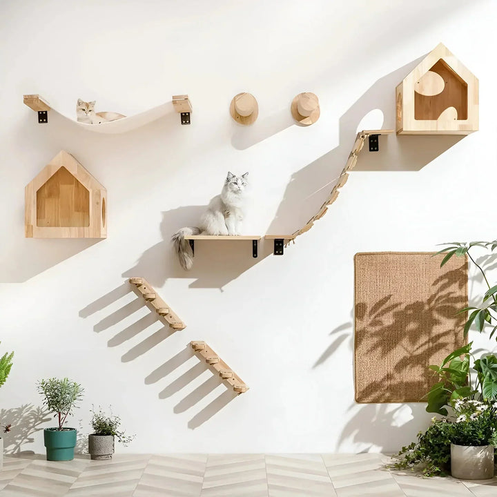 Sleek cat wall shelves and scratching posts creating an elevated play space, perfect for small apartments.