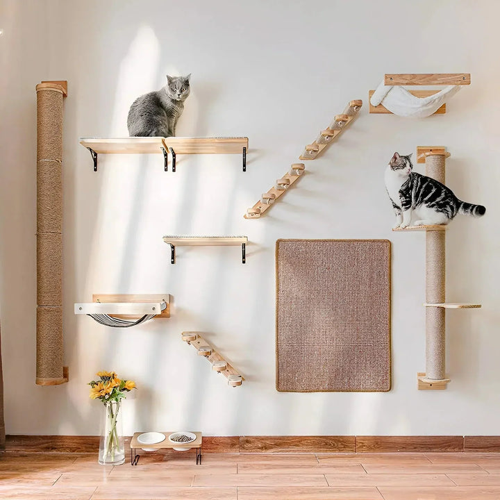 Modular cat climbing structure for walls, including sisal rope scratching sections and comfortable resting platforms.