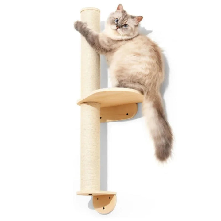 Modern wall-mounted cat scratching post with natural sisal rope and light wood, saving space stylishly.