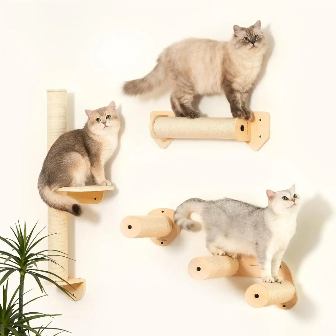 Space-saving cat scratcher, wall-mounted, made from durable sisal and natural wood for active cats.