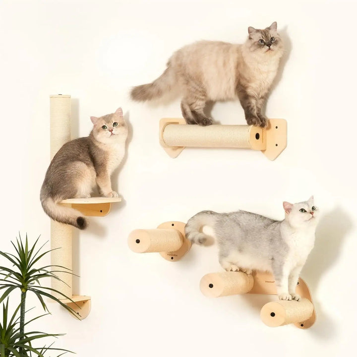 Space-saving cat scratcher, wall-mounted, made from durable sisal and natural wood for active cats.