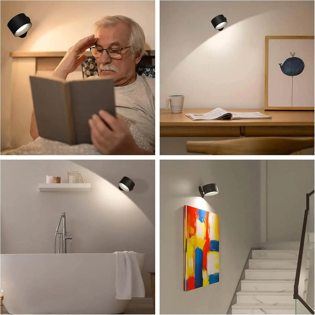 Modern wireless LED wall light for home ambiance, remote controlled and drill-free for easy installation.