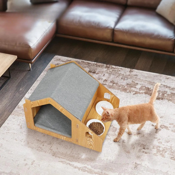 Modern wooden cat house with elevated double pet feeder, offering comfort & dining. Keywords: cat, house.