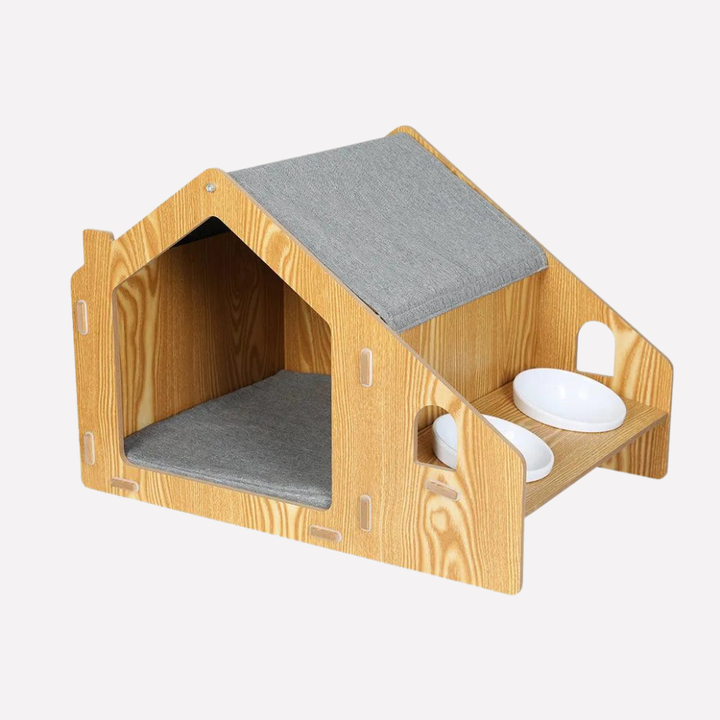Comfortable wooden cat house featuring an elevated double feeder, modern design. Keywords: pet, house, dining.