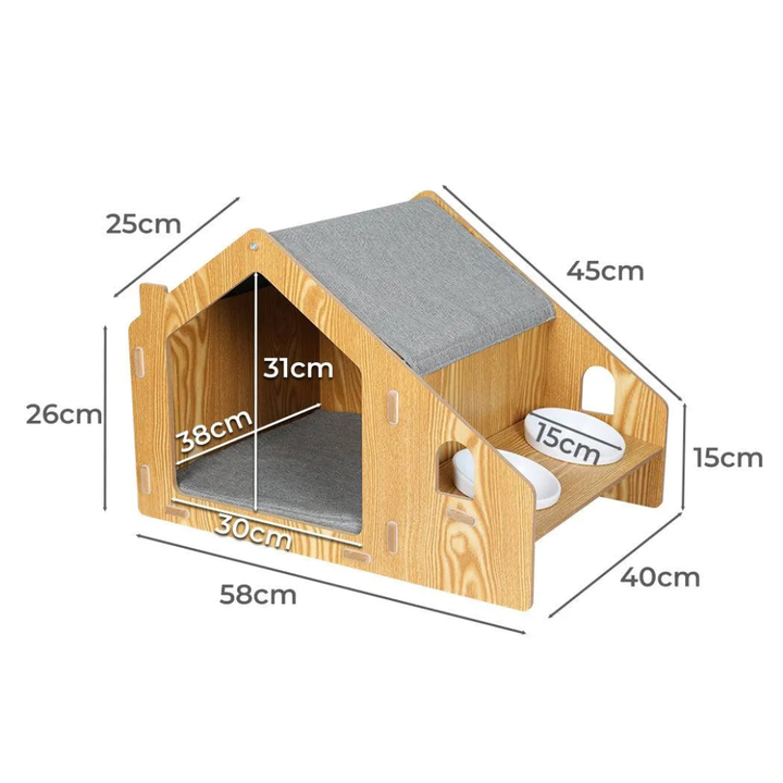 Stylish wooden cat house with integrated elevated double feeder; cozy pet furniture. Keywords: cat, comfort, wooden.