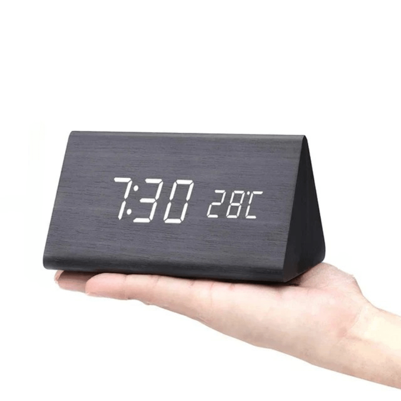 Functional wooden LED desk clock, voice-activated time display & alarm, fits modern decor.