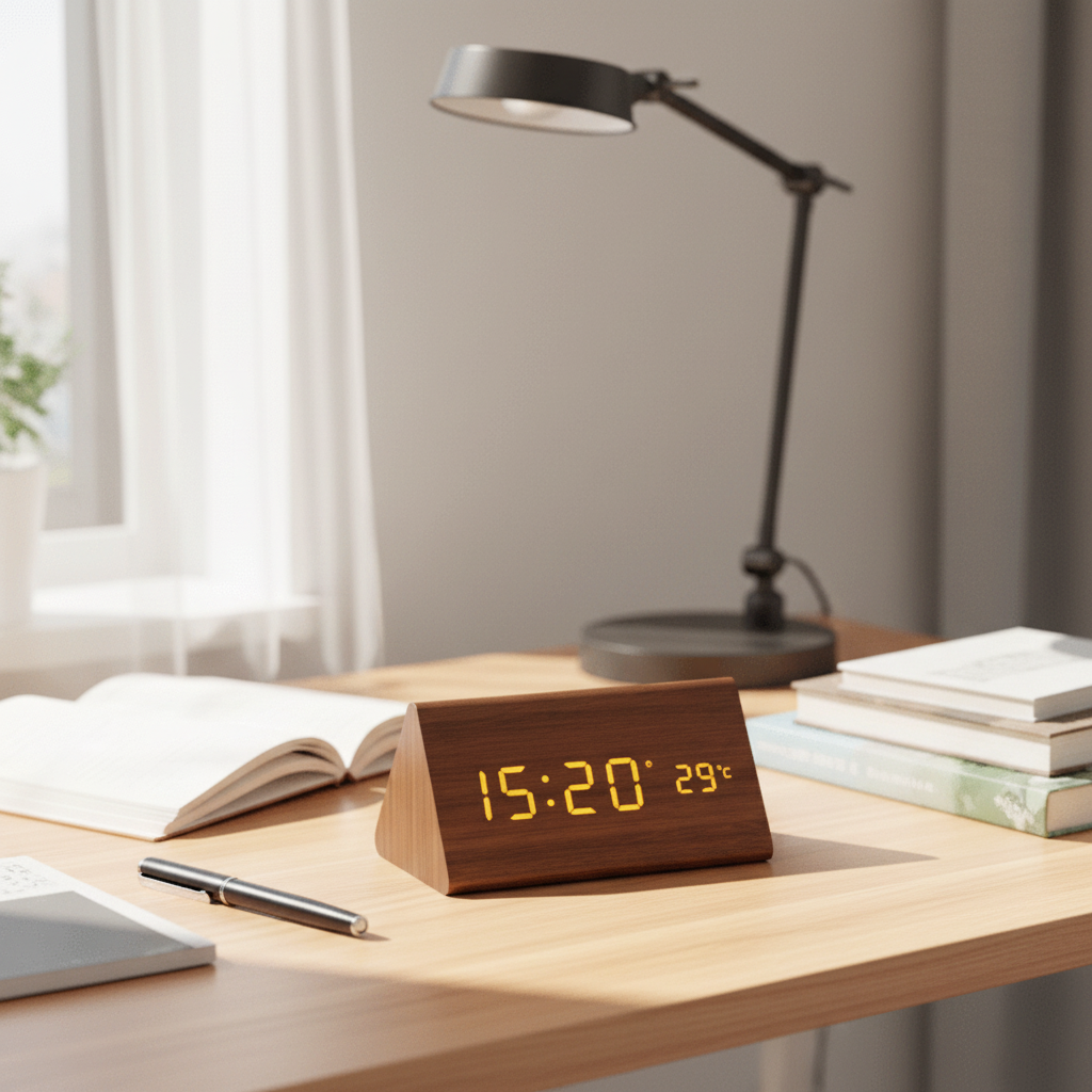 Sleek wooden desk clock with clear LED display & smart voice control for office or bedroom.