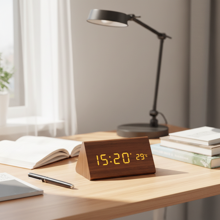 Sleek wooden desk clock with clear LED display & smart voice control for office or bedroom.