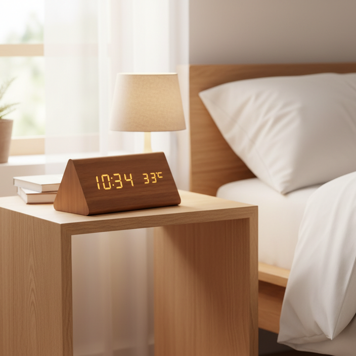 Voice-activated digital alarm clock in a stylish wood-grain finish, perfect for modern interiors.