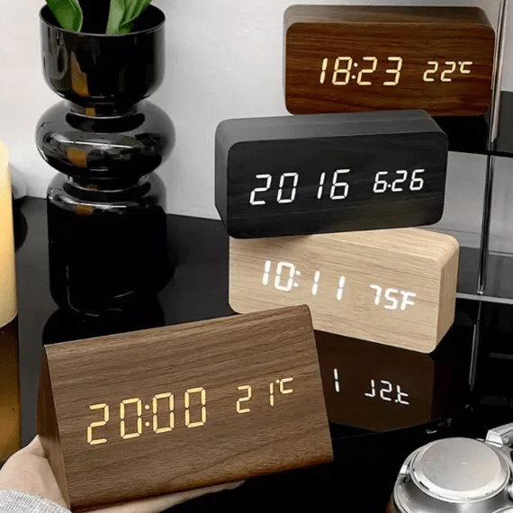 Minimalist LED clock with a natural wood look, featuring voice control for easy time checks.
