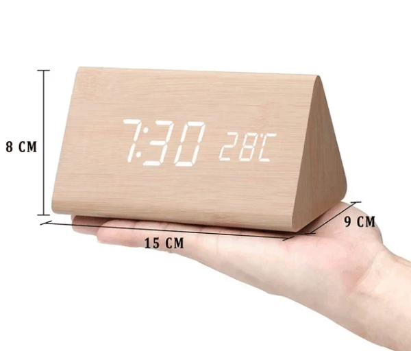 Elegant voice controlled LED alarm clock, wooden design adds a warm touch to your desk or nightstand.
