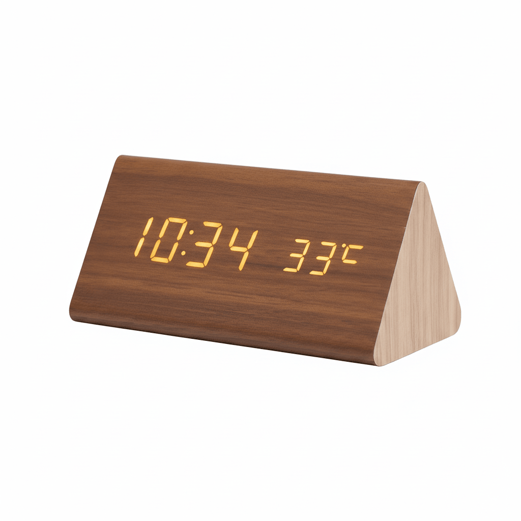 Contemporary wooden LED display clock with voice command function, great for bedroom or office.