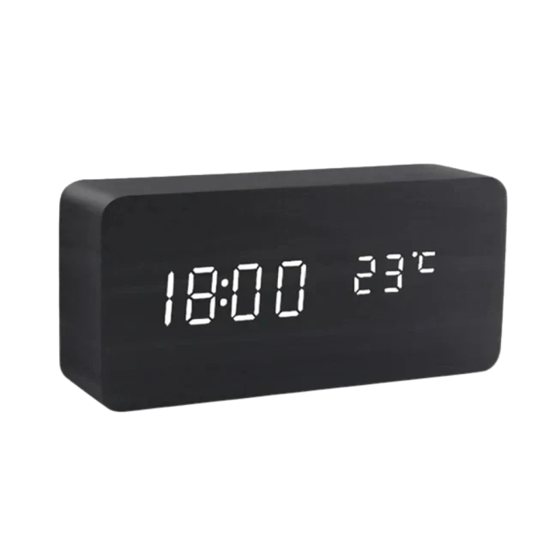Desk clock: voice-activated LED digital timepiece with a chic modern wooden aesthetic.