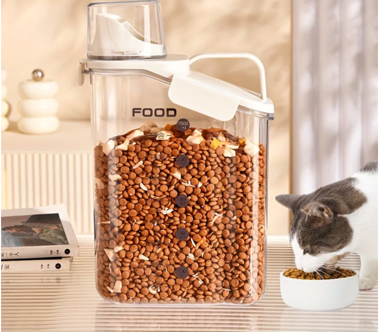 Moistureproof pet food storage container with measuring cup, for dog or cat food, kitchen organization