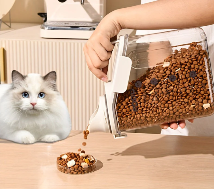 Pet food container with scoop for neatly storing dry dog kibble or cat food in the kitchen