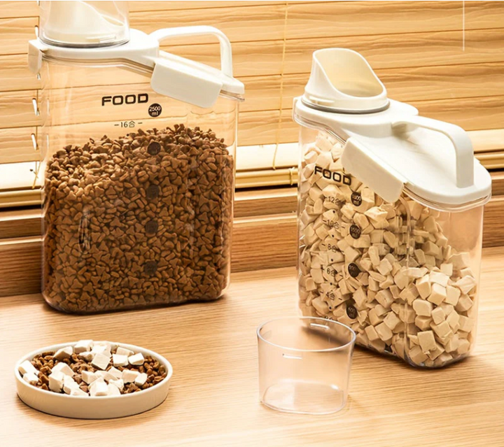 Grey pet food bin with measuring cup, stackable design for efficient kitchen and home organization