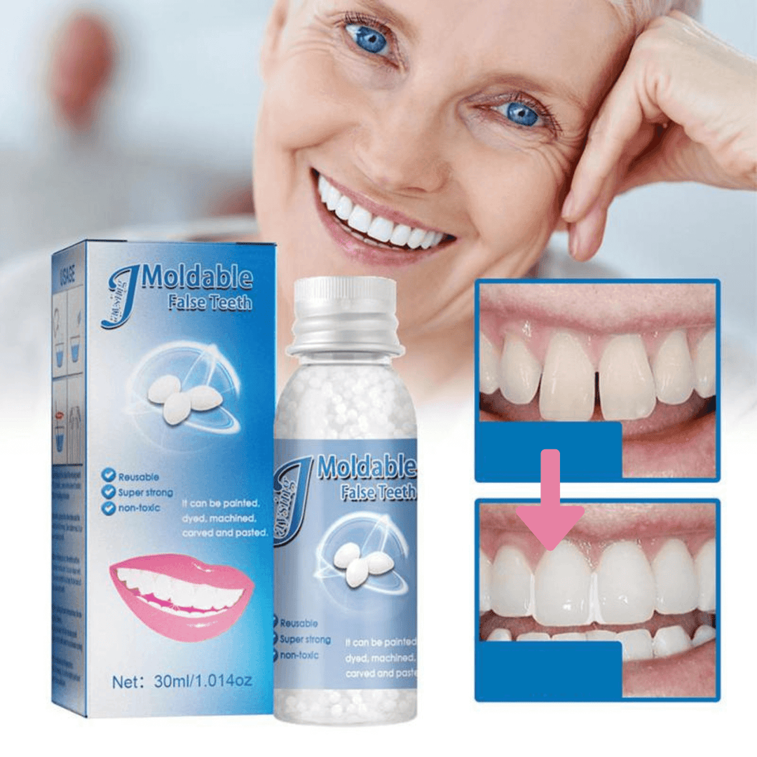 Moldable temporary dental repair beads for missing tooth filling. DIY cosmetic solution for a confident smile.