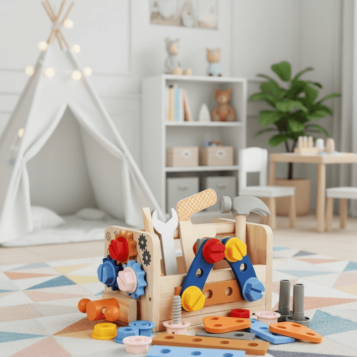 Montessori Wooden Tool Kit for kids, promoting creative learning & fine motor skill development.