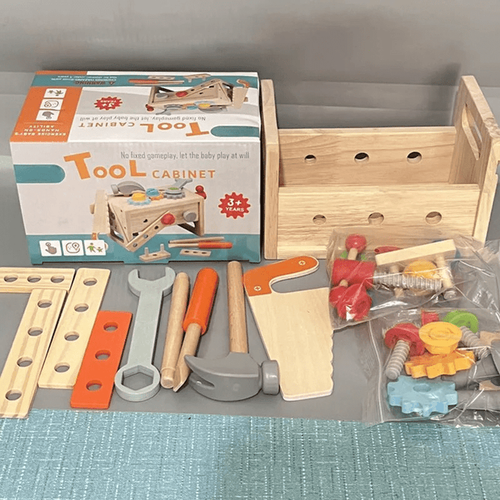 High-quality wooden Montessori tool kit, designed for creative learning and skill development in toddlers & preschoolers.