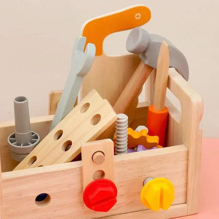 Unisex Montessori wooden tool kit, designed for creative play and enhancing fine motor skills in children.