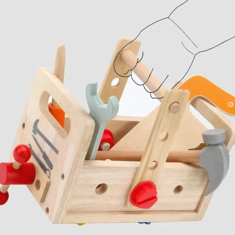 Toddler wooden tools set, ideal for developing problem-solving skills and hand-eye coordination in young children.