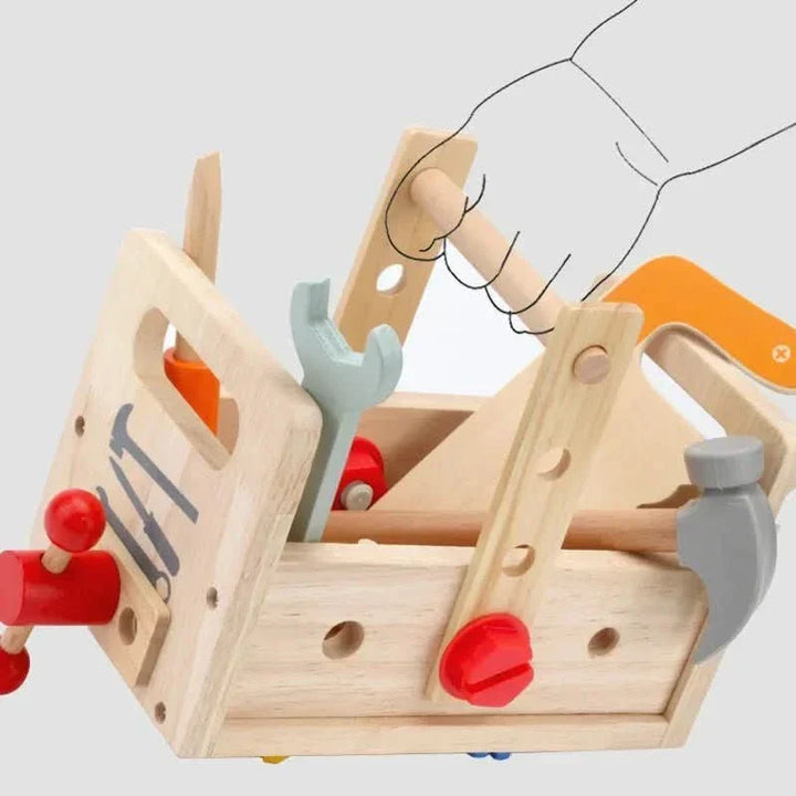 Toddler wooden tools set, ideal for developing problem-solving skills and hand-eye coordination in young children.