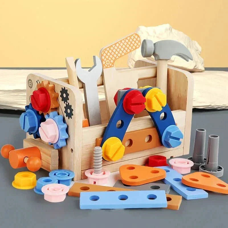 Durable wooden Montessori tool kit featuring a hammer, screwdriver & wrench for educational play.