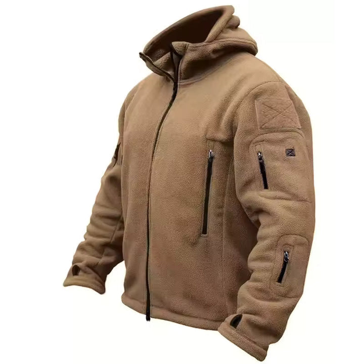 Multi-pocket men's tactical hooded jacket for outdoor adventure, durable all-weather active wear, men's fashion.