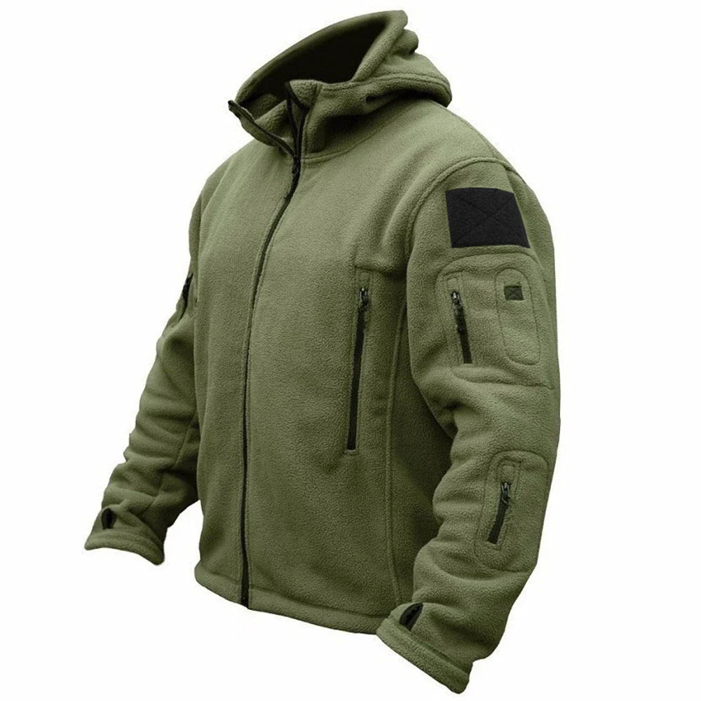 Men's rugged tactical hooded jacket in dark color, multi-pocket, designed for all-weather outdoor adventures.