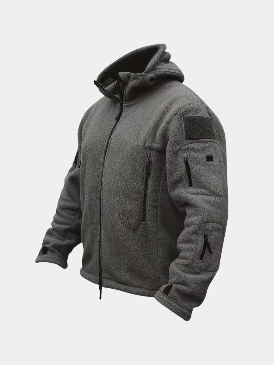 Men's tactical hooded jacket, durable for outdoor adventures, multi-pocket design, all-weather protection.