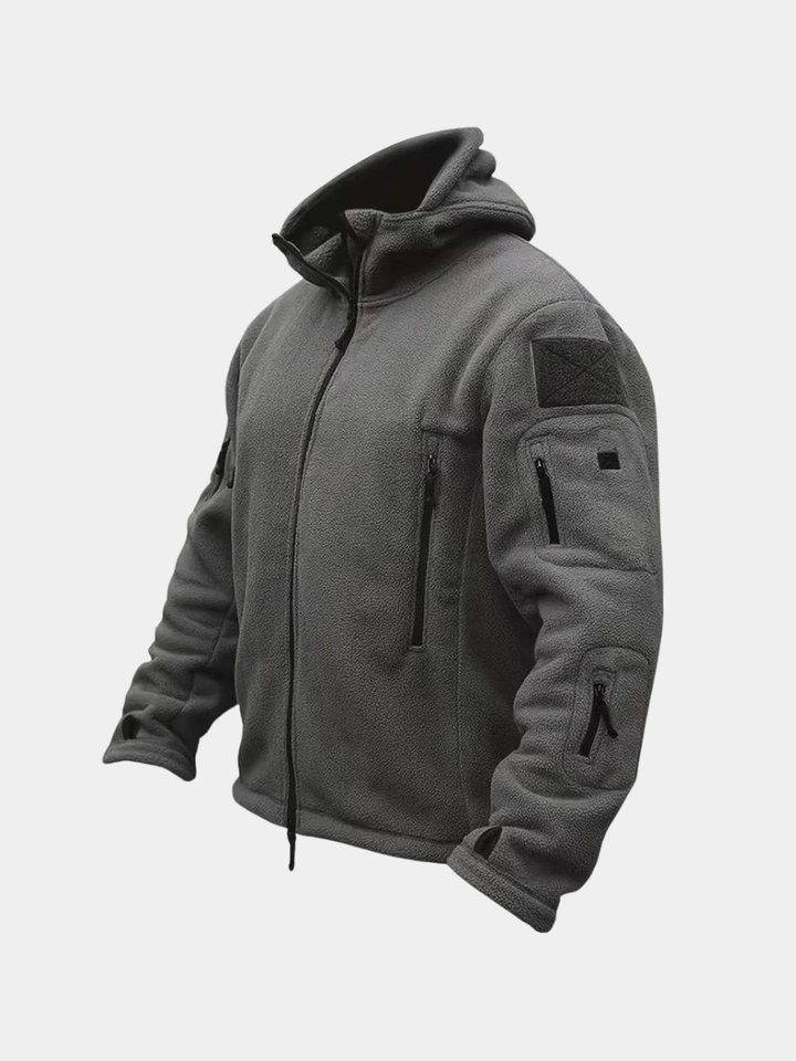 Men's tactical hooded jacket, durable for outdoor adventures, multi-pocket design, all-weather protection.