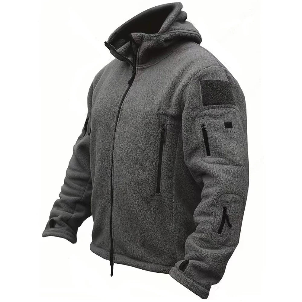 Rugged men's military-style hooded jacket, ideal for tactical outdoor and all-weather active wear.
