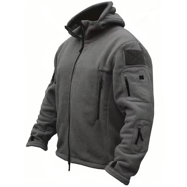 Rugged men's military-style hooded jacket, ideal for tactical outdoor and all-weather active wear.