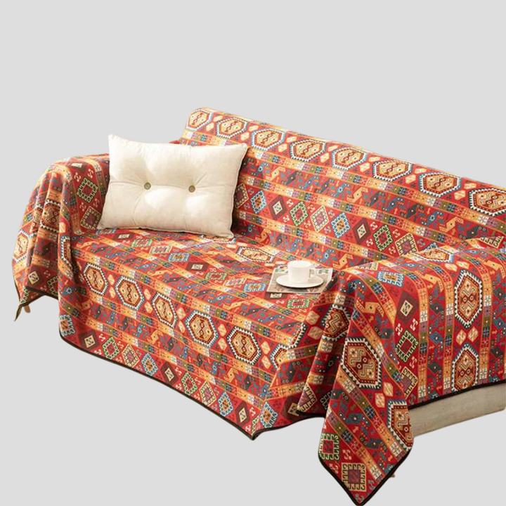 Moroccan jacquard throw blanket with geometric woven pattern, perfect for sofa decor.
