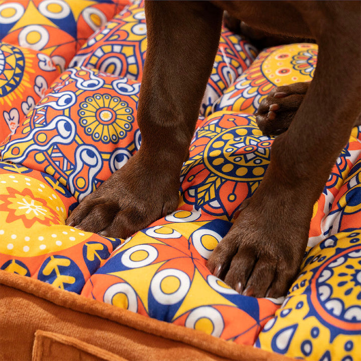 Close-up of thick cushion on a Moroccan orthopedic dog bed, showcasing pet-friendly fabric