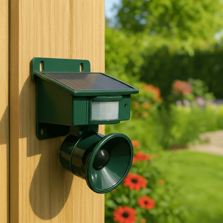 Humane outdoor wildlife deterrent with motion sensor, protects gardens, plants, and fruit trees from birds.
