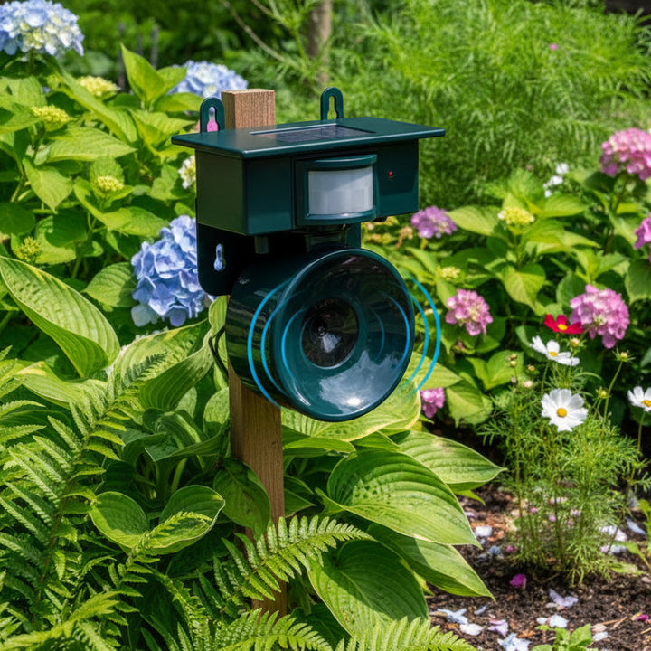 Solar powered bird repeller for garden protection. Motion-activated device keeps pests away from yard & patio.