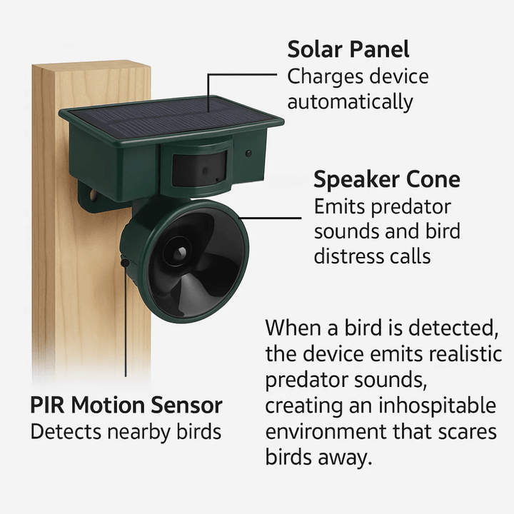 Advanced motion sensor pest control for birds & small wildlife. Outdoor deterrent protects your backyard area.