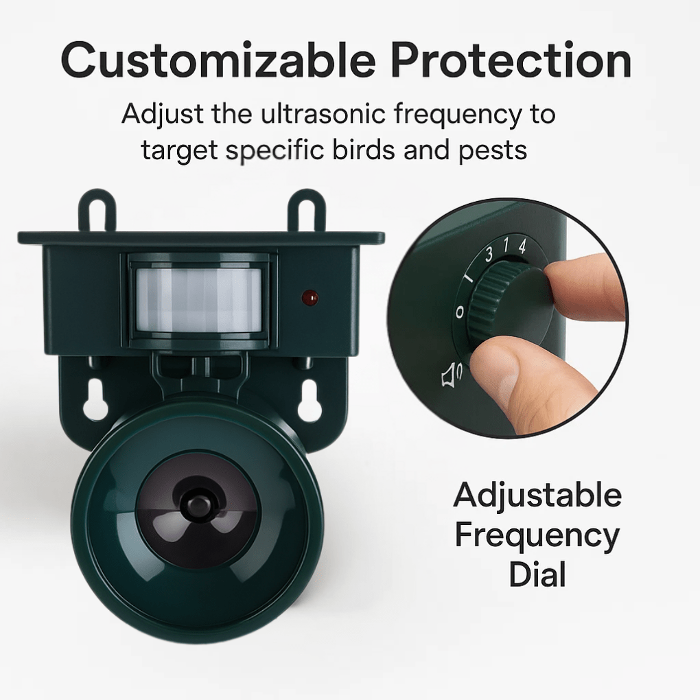 Compact motion sensor bird scarer, ideal for garden protection. Humane outdoor repeller keeps birds off plants.