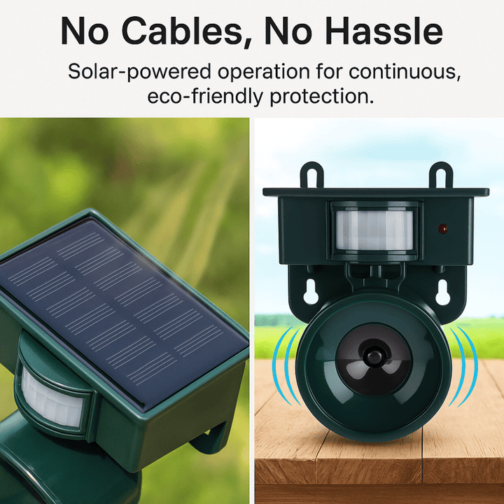 Outdoor motion sensor bird repeller, solar-powered for continuous garden & backyard pest control, humane & effective.