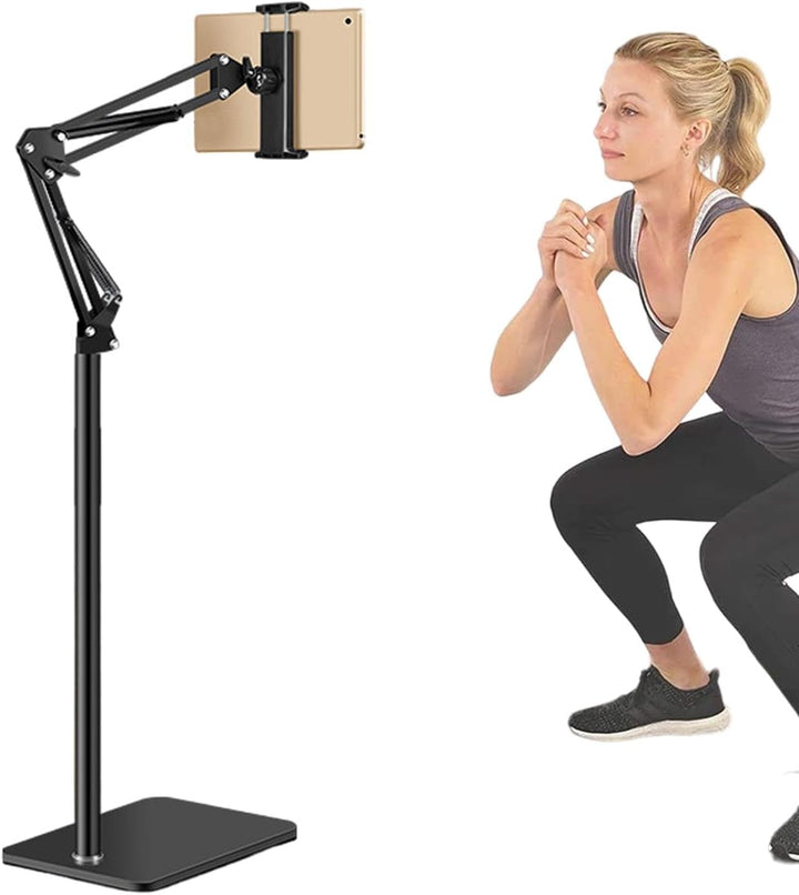 Movira adjustable 360° phone and tablet floor stand for hands-free viewing, ergonomic home office accessory.