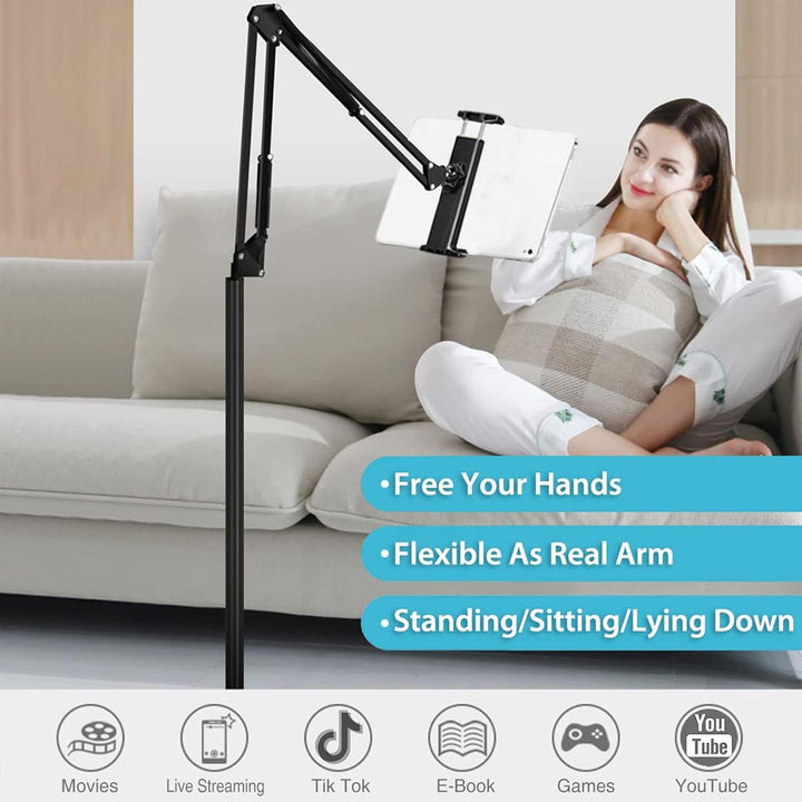 Universal tablet & phone holder floor stand, fully adjustable for ergonomic hands-free use in any room.