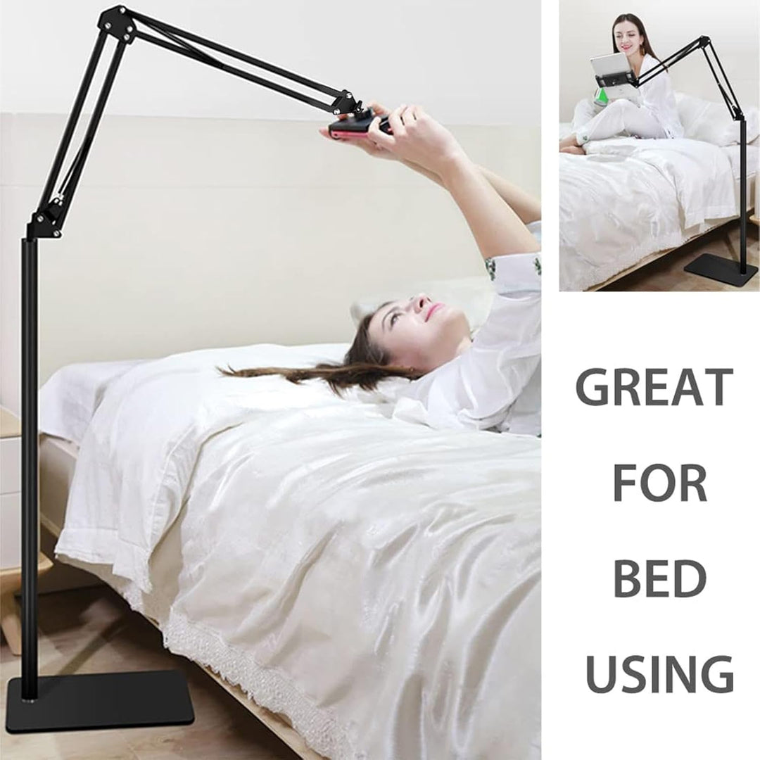 Flexible phone tablet floor stand with adjustable arm for comfortable, hands-free media consumption and work.