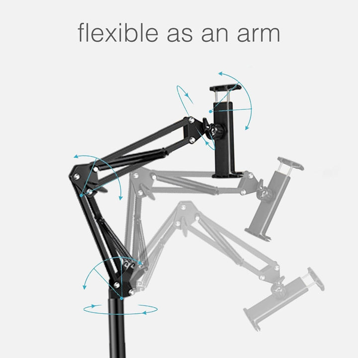 Sleek adjustable floor stand for phones and tablets, offering 360° rotation for universal, hands-free use.