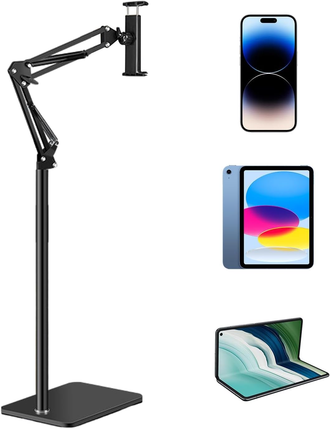 Robust phone tablet floor stand, height & angle adjustable, universal for all devices, ideal for home media.